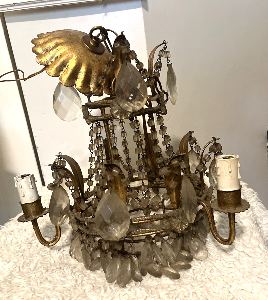 Vintage Italian Gold-Gilt Metal Macaroni Bead Crystal Chandelier Small 3 Light Vintage Italian Gold-Gilt Metal Macaroni Bead Crystal Chandelier Small 3 Light