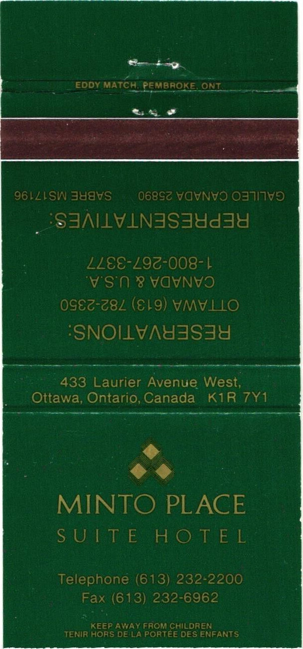 Ottawa Ontario Canada Minto Place Suite Hotel Vintage Matchbook Cover Ottawa Ontario Canada Minto Place Suite Hotel Vintage Matchbook Cover