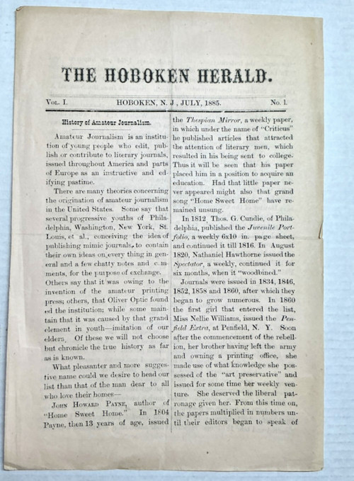 1885 Hoboken Herald Vol 1 No 1 Harry S Walton Amateur Journalism NAPA