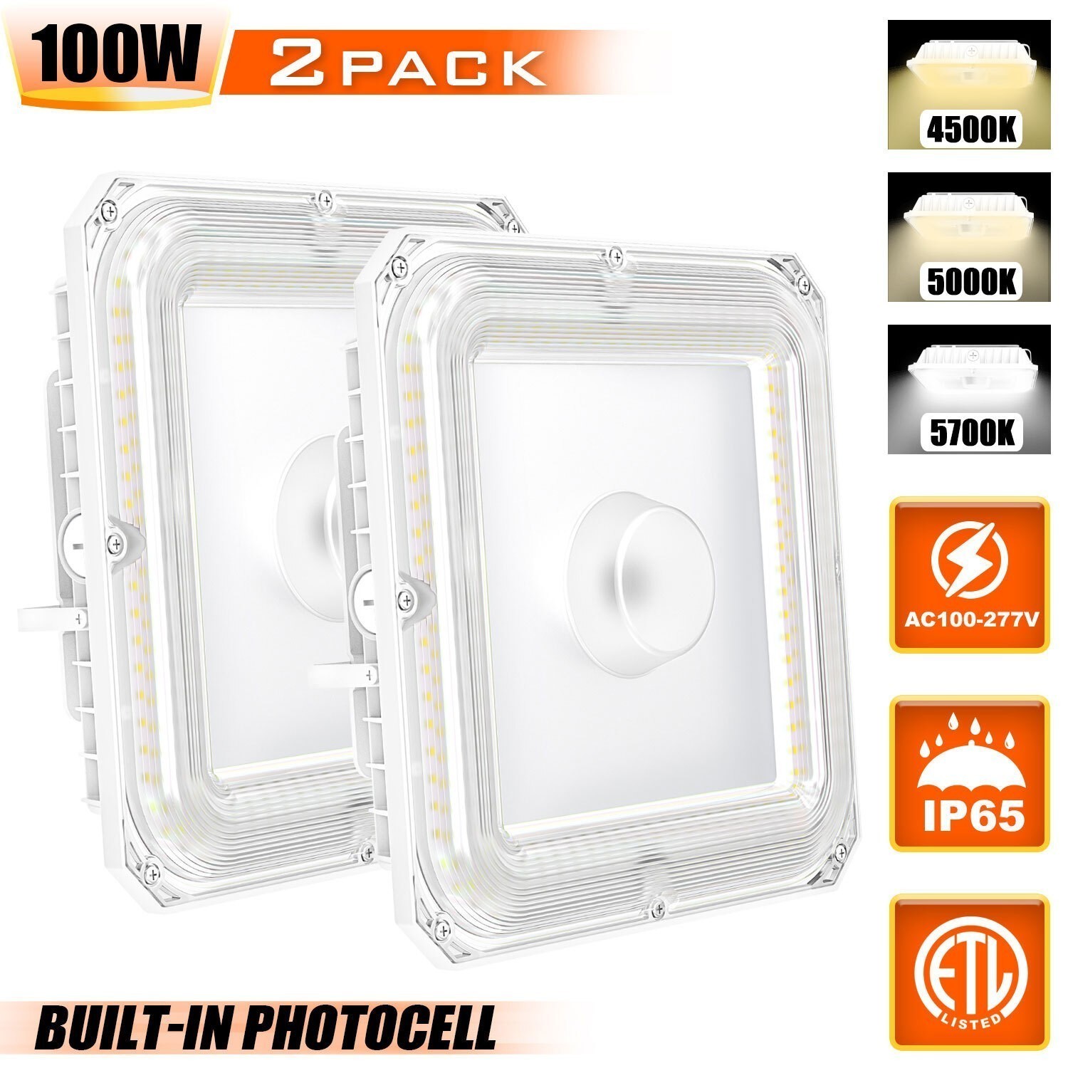2PACK-100W CCT 4.5-5.7K LED Canopy Light Parking Lot Gas Station Lamp AC100-277V