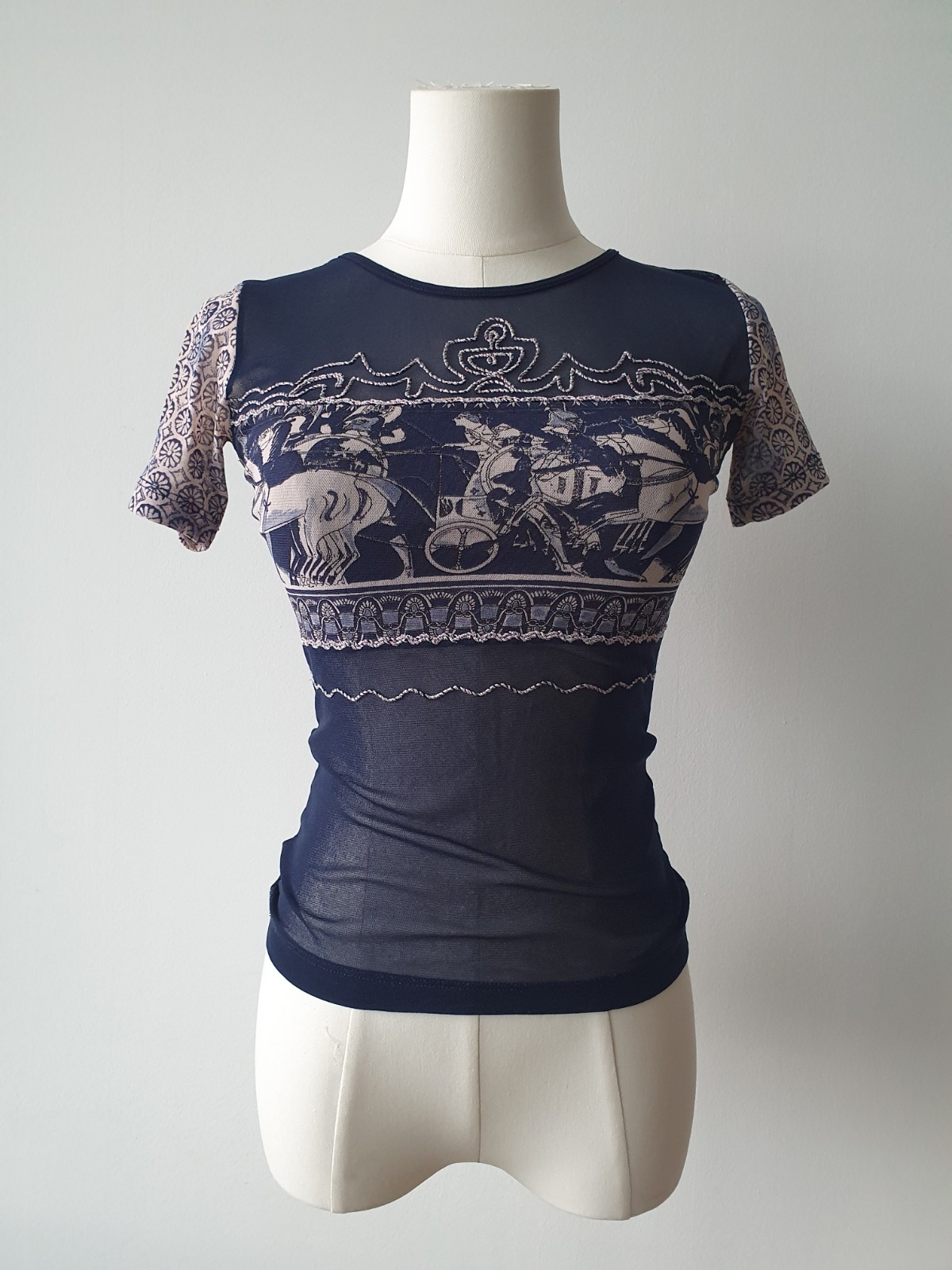 Vintage Save The Queen Y2K Mesh Navy Blue Graphic Top - Rome Print 00s gaultier