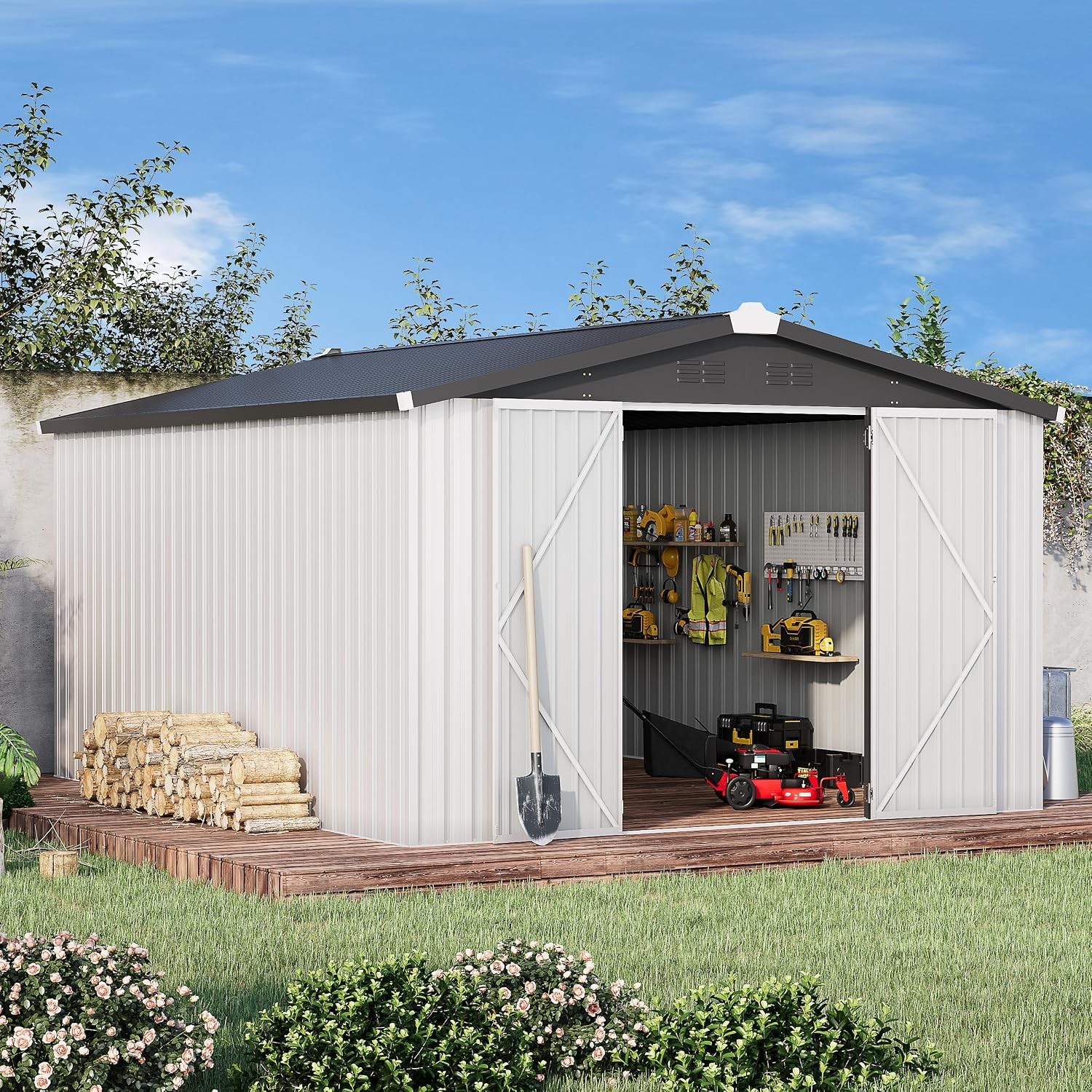 10' x 14' Waterproof Metal Outdoor Storage Shed, Large Heavy Duty, Garden 10' x 14' Waterproof Metal Outdoor Storage Shed, Large Heavy Duty, Garden