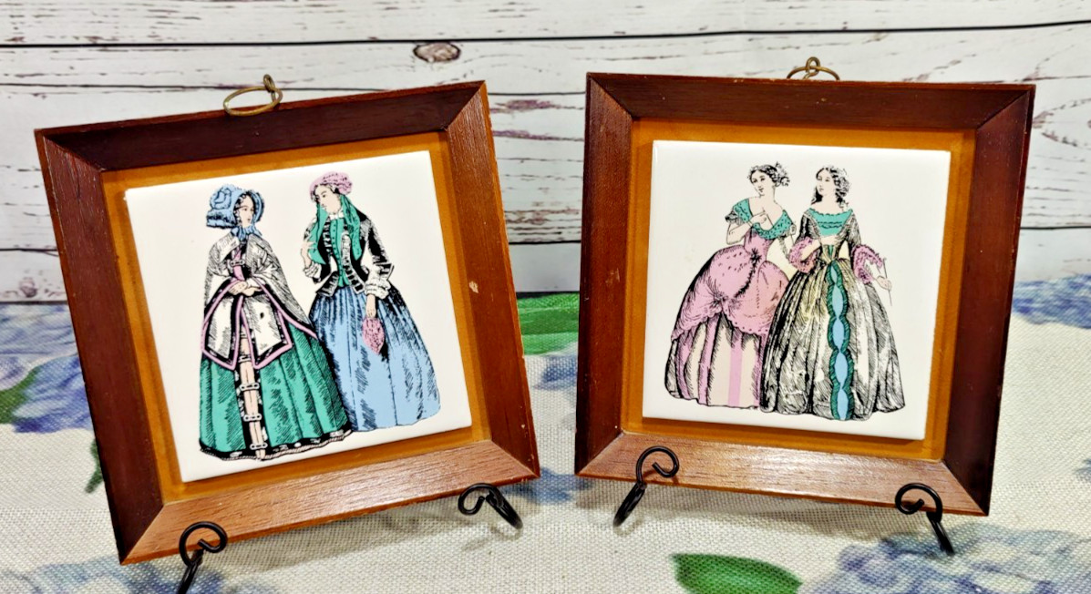 Vtg Decorative Tiles Featuring Stylish Victorian Women Framed In Wood Set of Two Vtg Decorative Tiles Featuring Stylish Victorian Women Framed In Wood Set of Two