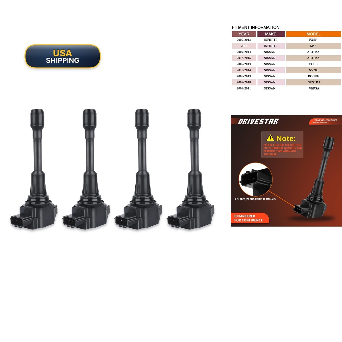DRIVESTAR 4PCS Ignition Coil Pack UF549 For Nissan Altima Rogue 2.5L UF549x4 DRIVESTAR 4PCS Ignition Coil Pack UF549 For Nissan Altima Rogue 2.5L UF549x4