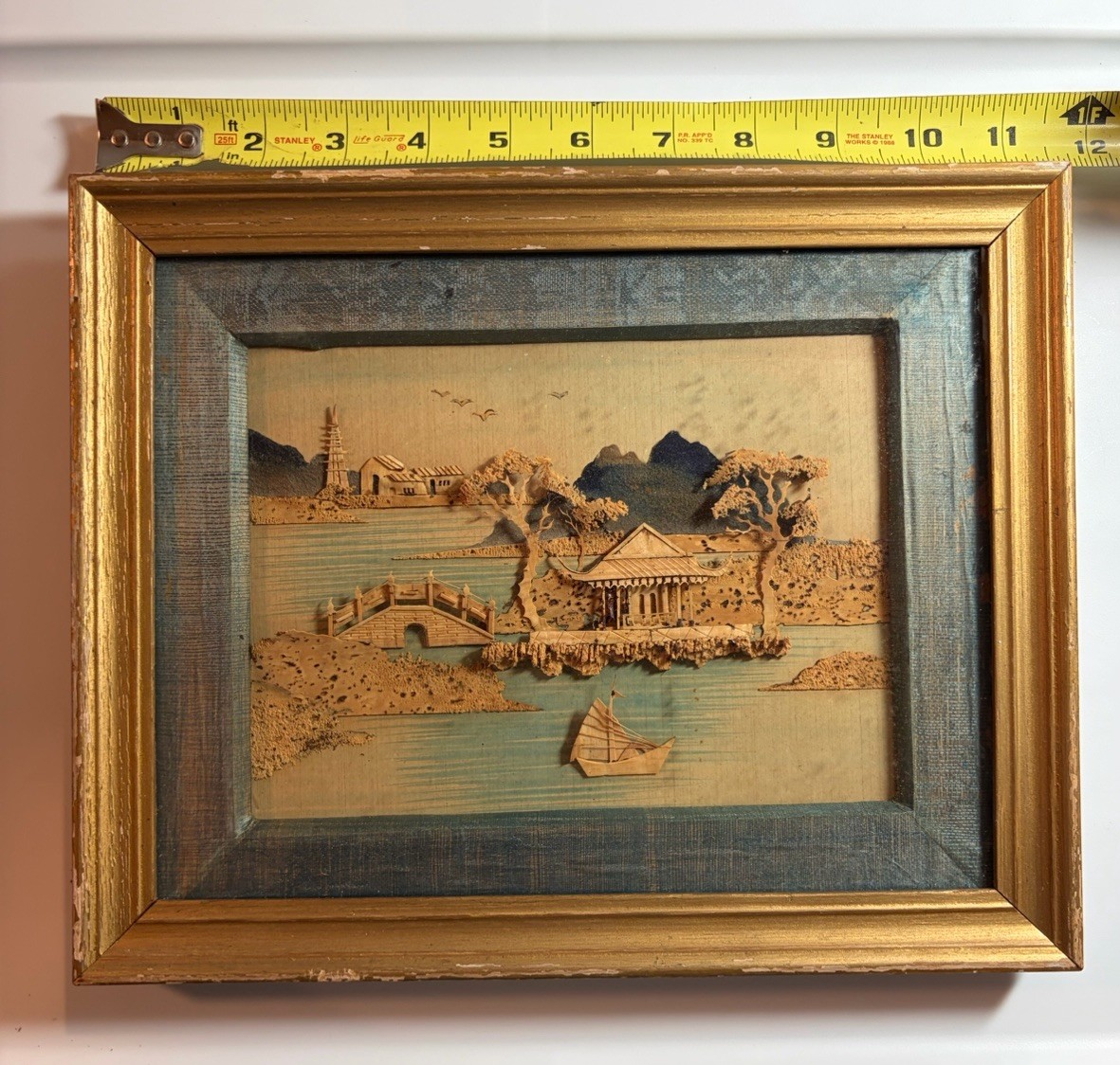 Vtg. Chinese Fuzhou Cork Carving Diorama 3D Landscape Bridge Pagoda Framed Vtg. Chinese Fuzhou Cork Carving Diorama 3D Landscape Bridge Pagoda Framed