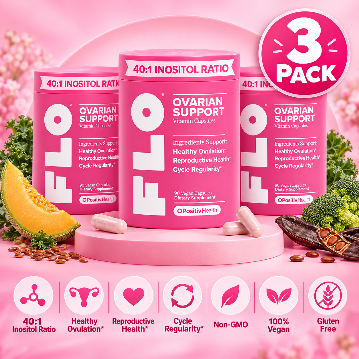 3 Pack FLO Hormone Balance & Cycle Support Myo Inositol DIM Folic Acid