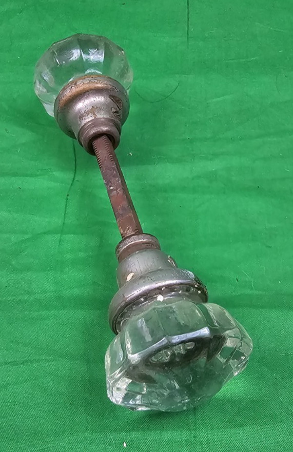 Vintage Clear Glass Door Knob Pair 12 Point Crystal w/ Spindle Antique Hardware