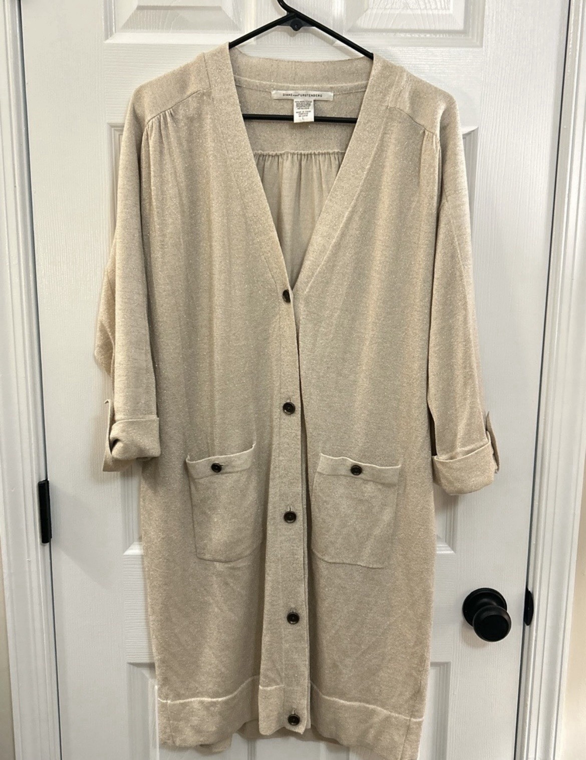 Diane von Furstenberg DVF Metallic Knit Duster Cardigan Wool Silk Champagne Gold