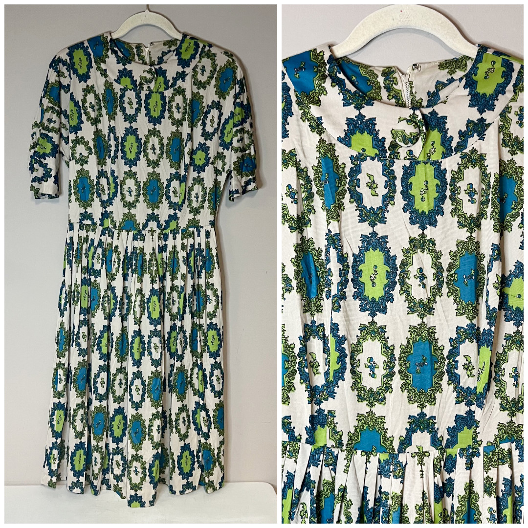 VTG 60s 70s Blue Green Bold Print High Neck Dress 1960s 1970s Womens S/M VTG 60s 70s Blue Green Bold Print High Neck Dress 1960s 1970s Womens S/M