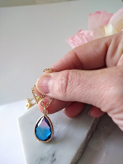 Faceted Purple & Blue Glass Teardrop Gold Chain Necklace, Minimalist Dainty
