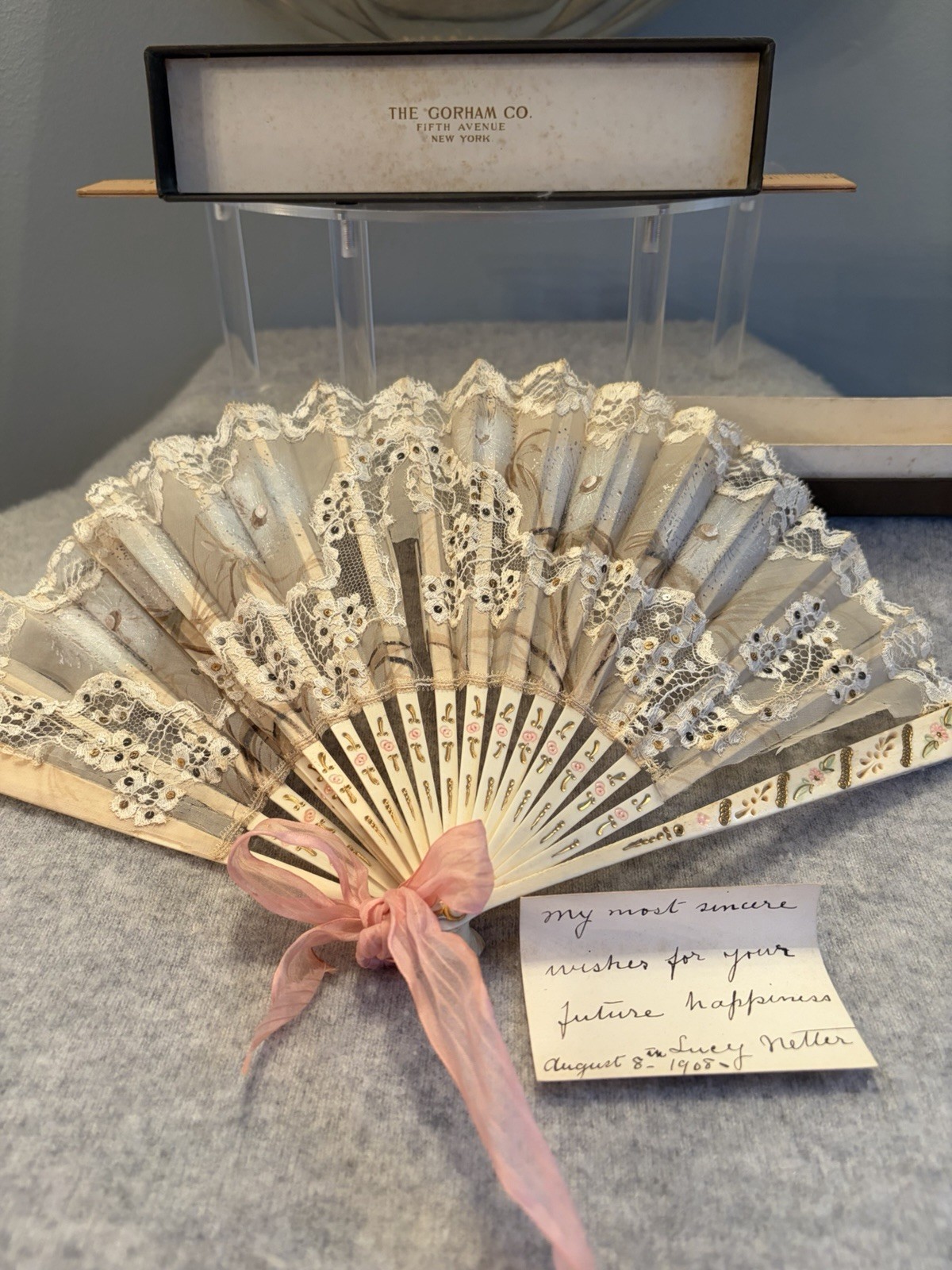 Antique 1908 Bridal Lace Folding Hand Fan Gorham Co NY Box Weddingnote Victorian