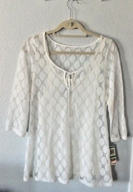 INC International Concepts Top Large White 3/4 Sleeve Layered Lace Blouse NWT