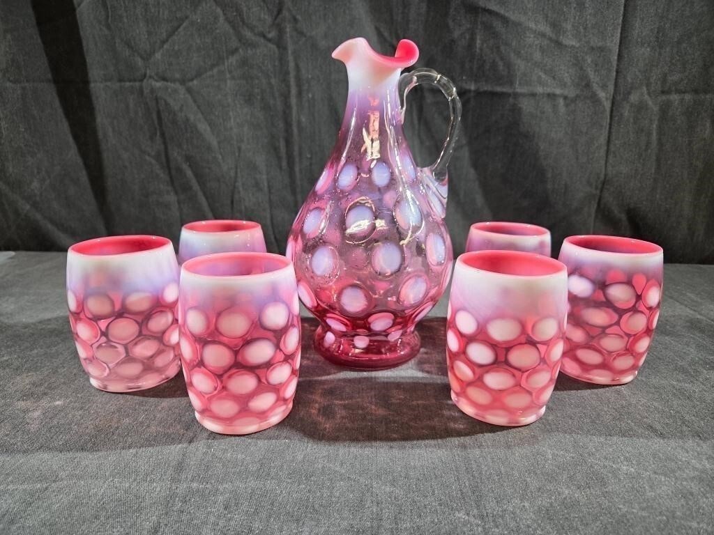 Fenton LG Wright Cranberry Opalescent Coin Dot Pitcher 6 Tumblers 7 Pc Set
