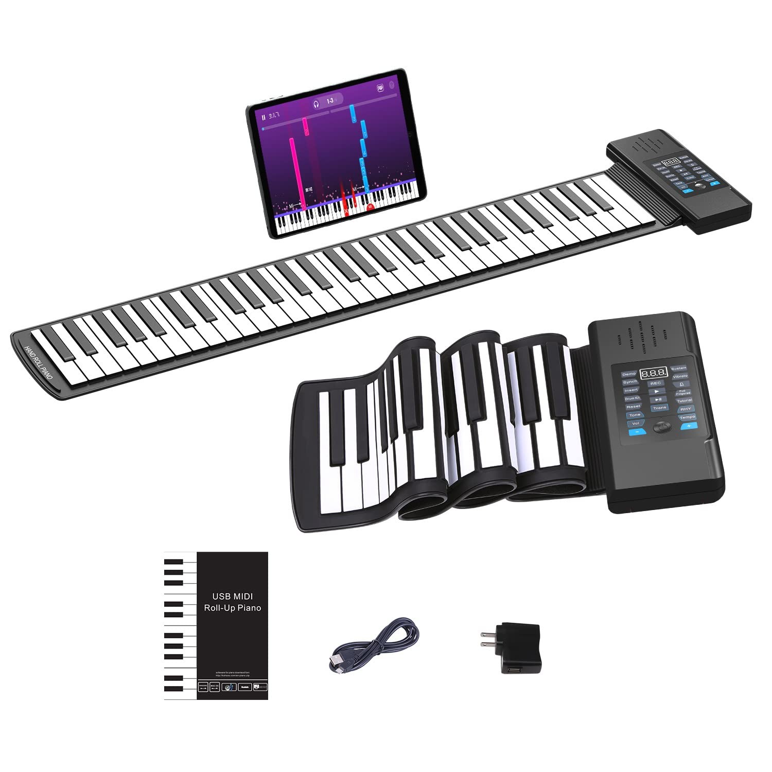 KONIX 61 Key Roll Up Piano,Upgraded Portable Rechargeable Hand PD61, Black KONIX 61 Key Roll Up Piano,Upgraded Portable Rechargeable Hand PD61, Black
