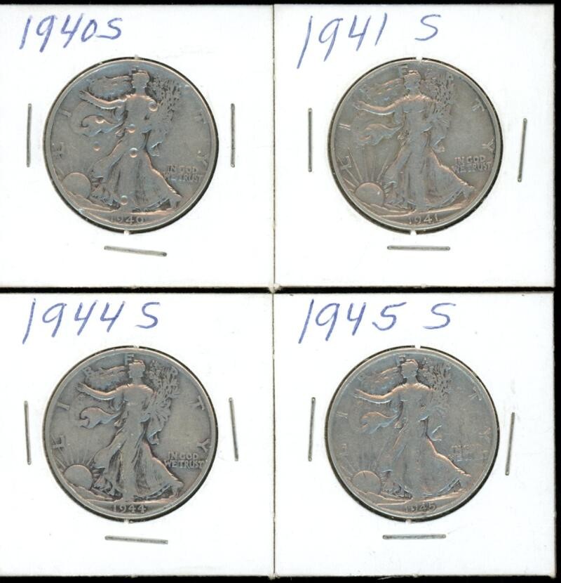1940-S,1941-S,1944-S,1945-S US Walking Liberty Silver Half Dollar (4) Coin Lot b