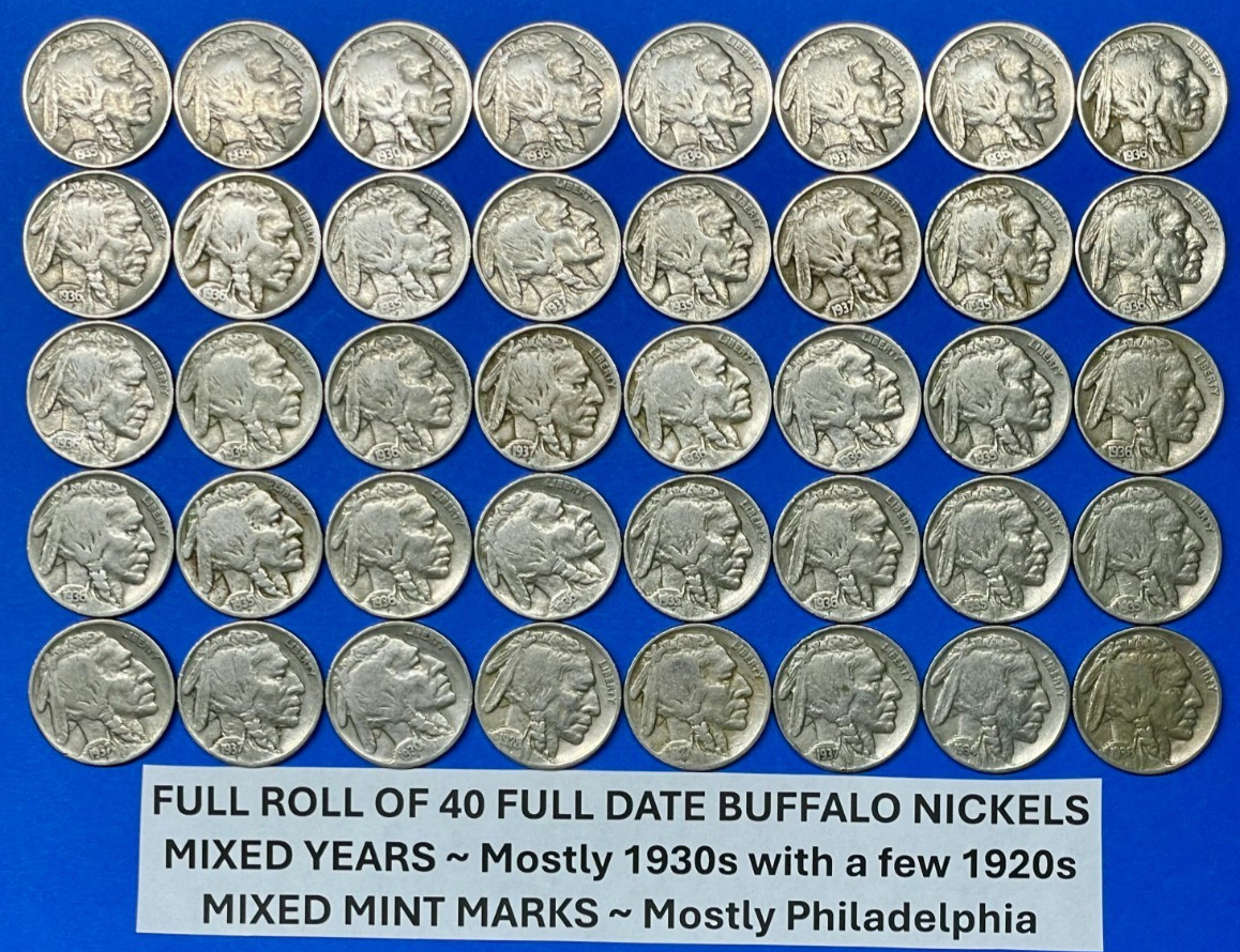Buffalo Nickels Roll Lot of 40 FULL DATE Coins ~ Mostly 1930s and Mixed Mints