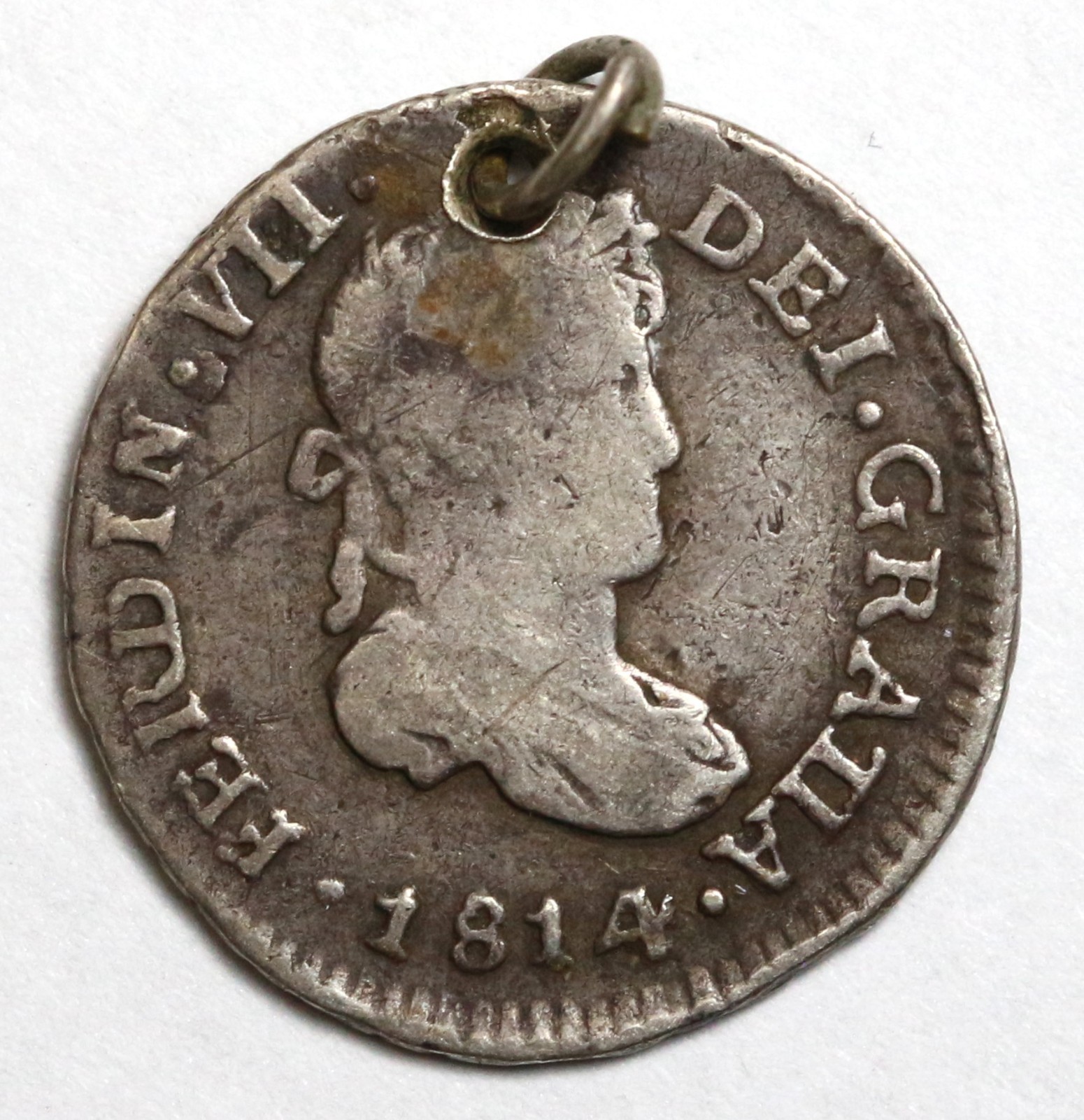1814 NG M Guatemala 1/2 Real Silver Coin - Ferdinand VII - Pendant / Holed 1814 NG M Guatemala 1/2 Real Silver Coin - Ferdinand VII - Pendant / Holed