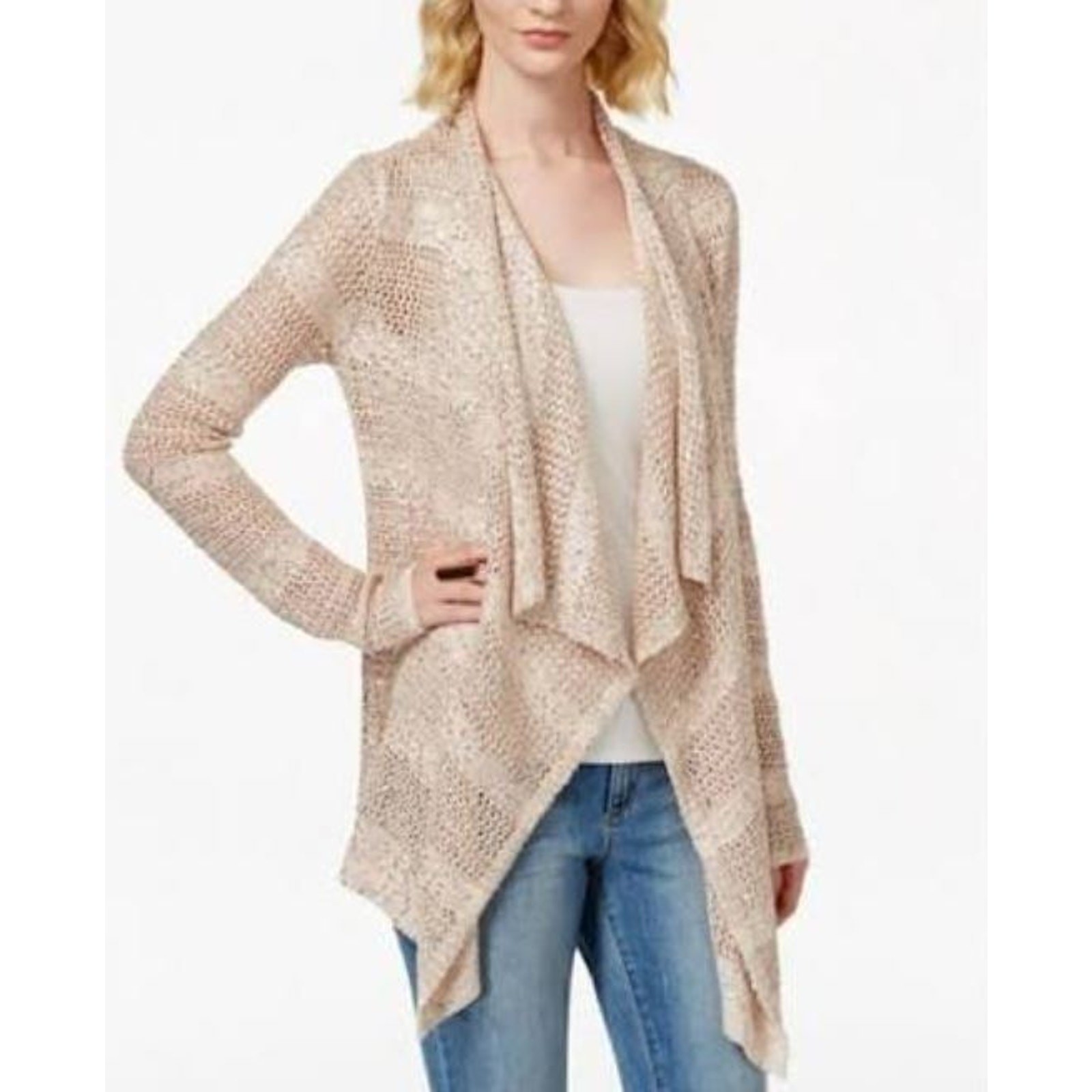 INC International Concepts Sequin Waterfall Cardigan XL NWT Blush Open Knit