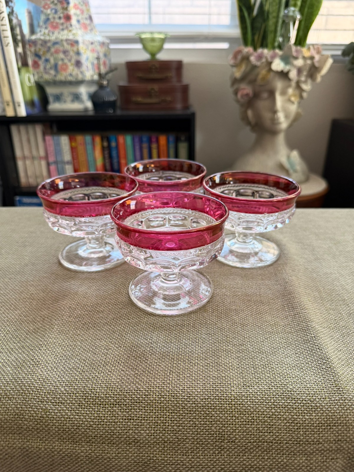 Vintage King\'s Crown Thumbprint Cranberry Rim Footed Sherbet Glass - Set of 4 Vintage King\'s Crown Thumbprint Cranberry Rim Footed Sherbet Glass - Set of 4