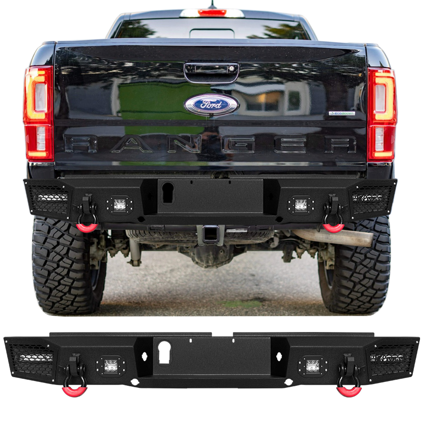 VIJAY For 2019-2023 Ford Ranger Steel Rear Bumper with D-rings & LED Lights