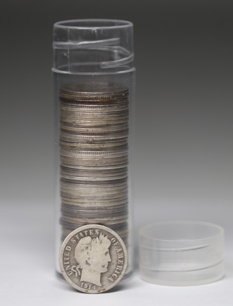 Roll Of Fifty (50) 90% Silver Barber Dime Coins $5 Face Value Roll Of Fifty (50) 90% Silver Barber Dime Coins $5 Face Value