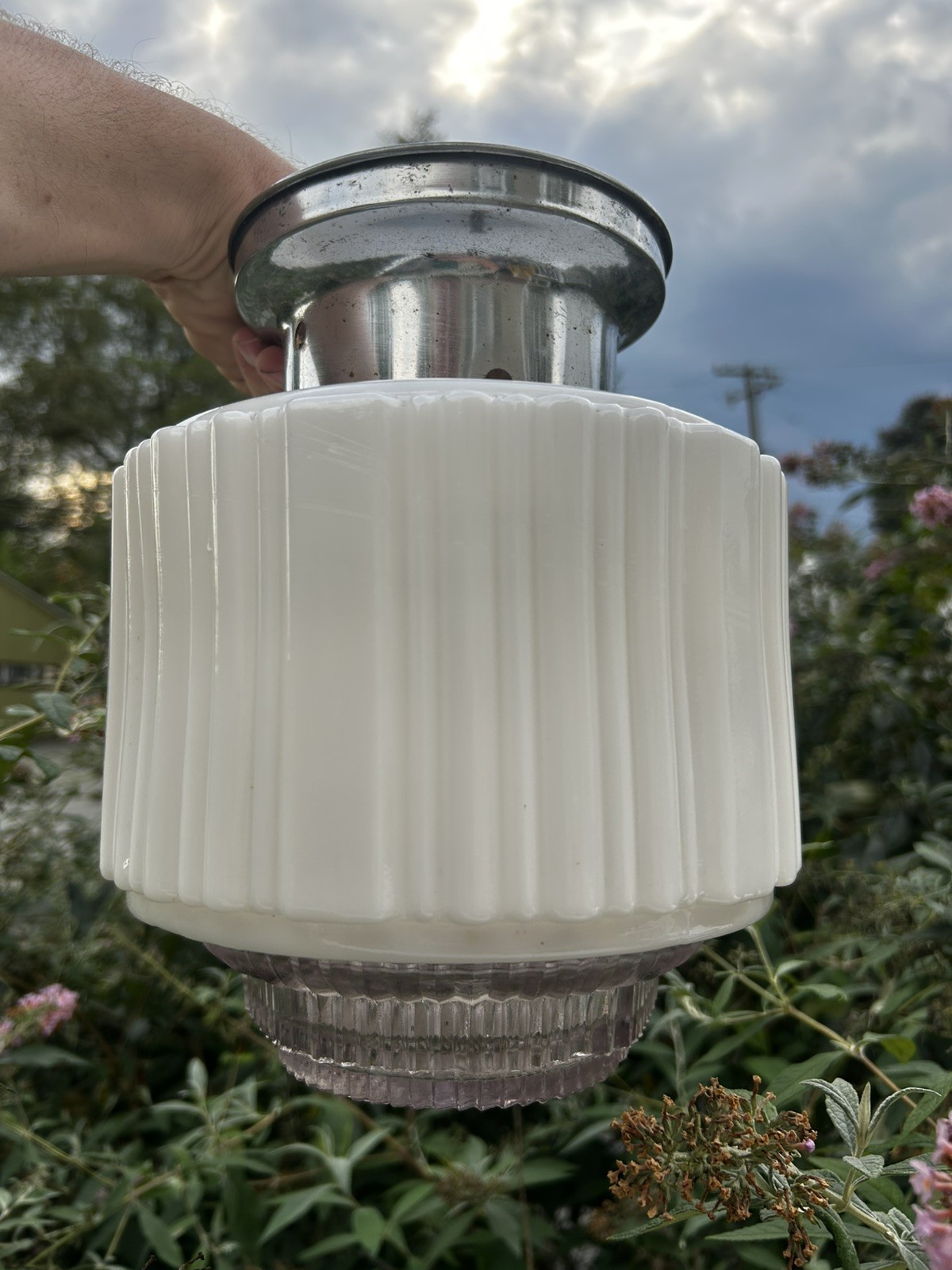 Antique 1930s Hanging Art Deco Milk Glass Skyscraper Ceiling Lamp Light Fixture Antique 1930s Hanging Art Deco Milk Glass Skyscraper Ceiling Lamp Light Fixture