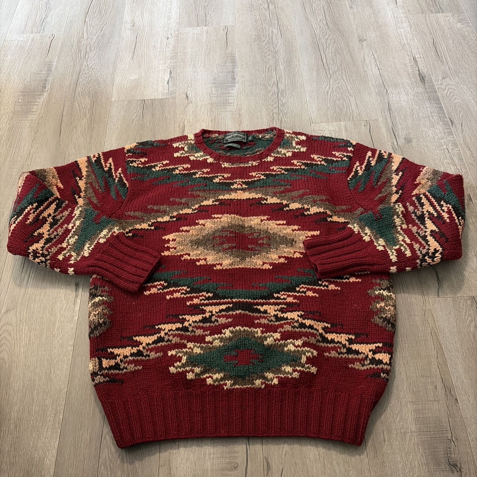 Vintage Polo Country Ralph Lauren Aztec Hand Knit Wool Sweater Red XL Vintage Polo Country Ralph Lauren Aztec Hand Knit Wool Sweater Red XL