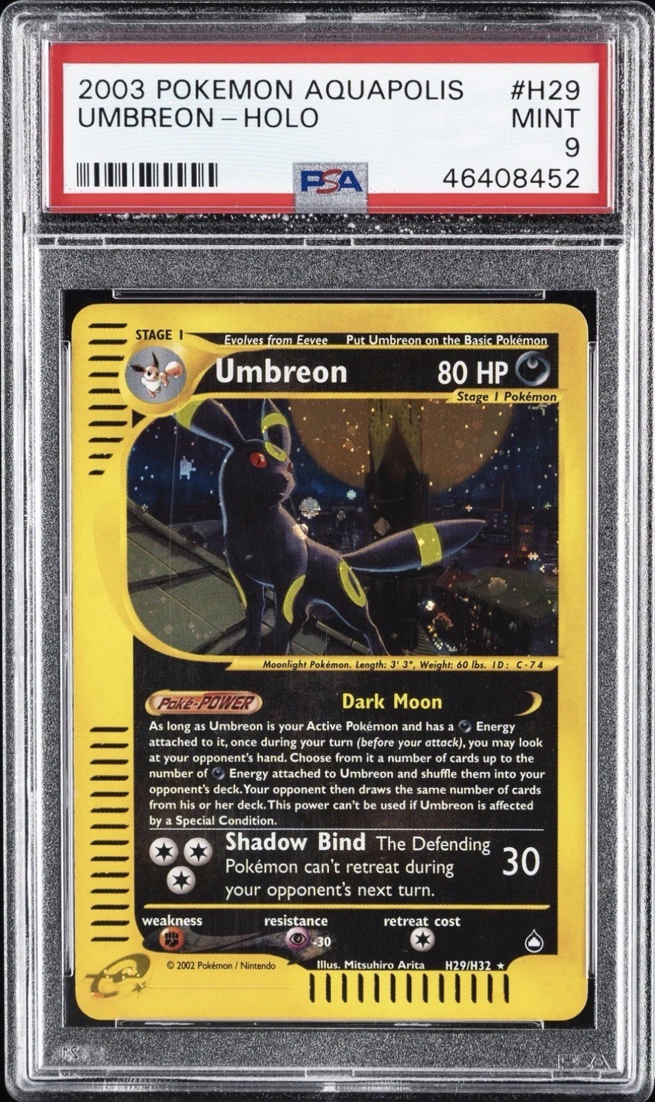 2003 POKEMON AQUAPOLIS #H29 UMBREON-HOLO PSA 9 SWIRL 2003 POKEMON AQUAPOLIS #H29 UMBREON-HOLO PSA 9 SWIRL