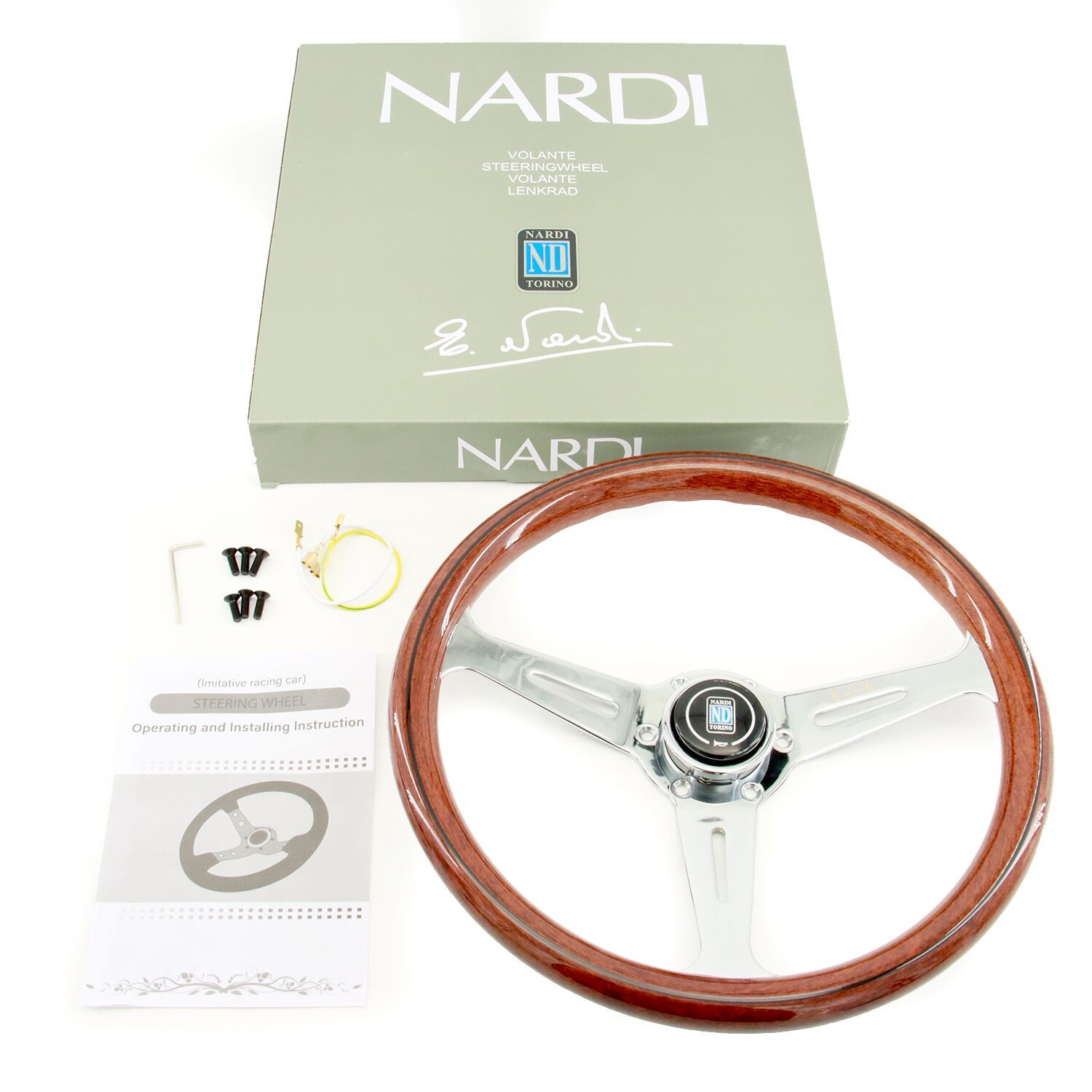 NARDI Classic 360mm Mahogany Wood Steering Wheel with Silver Chrome Finish
