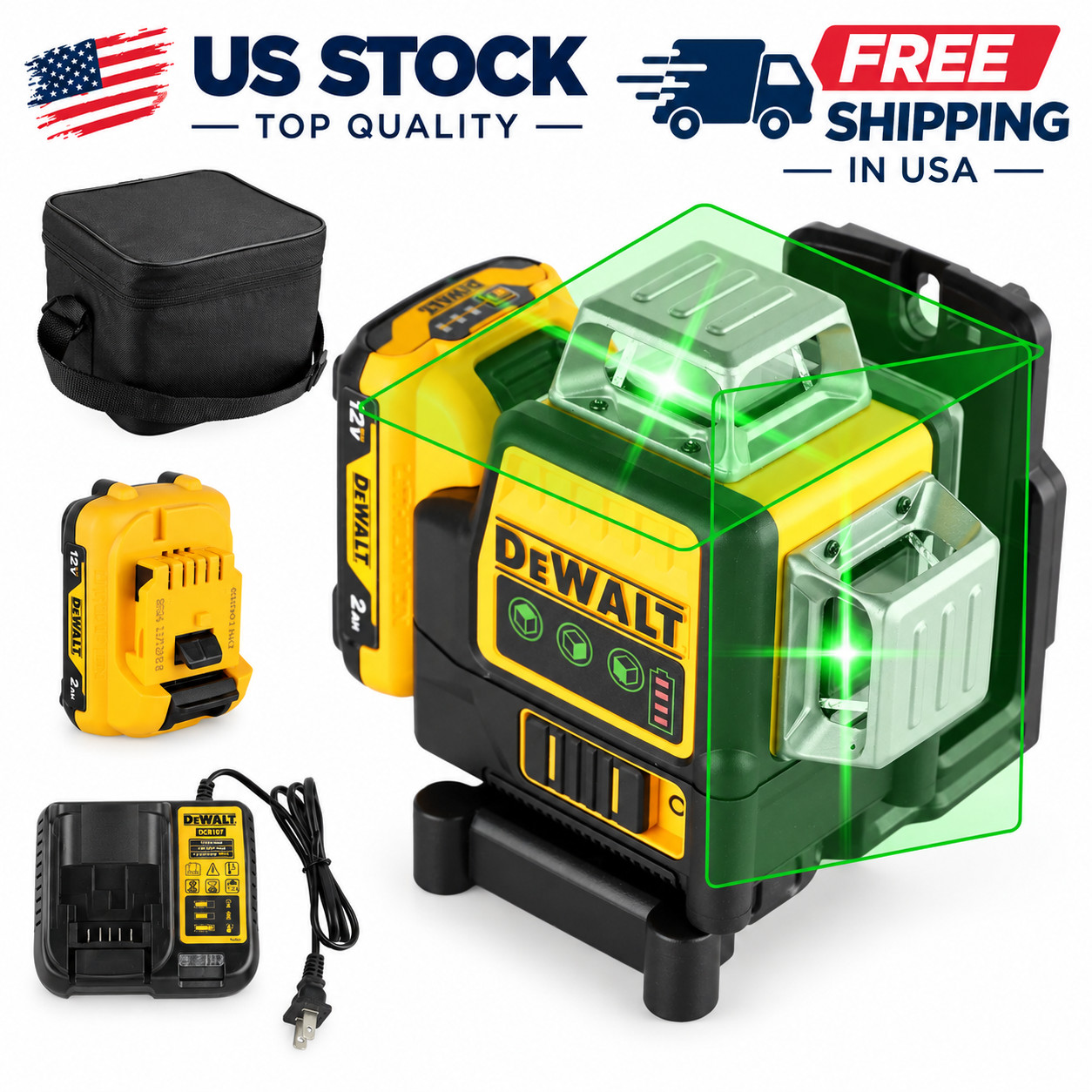 DEWALT DW089LG 12V 3X360 Green Laser Level Tool + battery + Charger Kit USA✅
