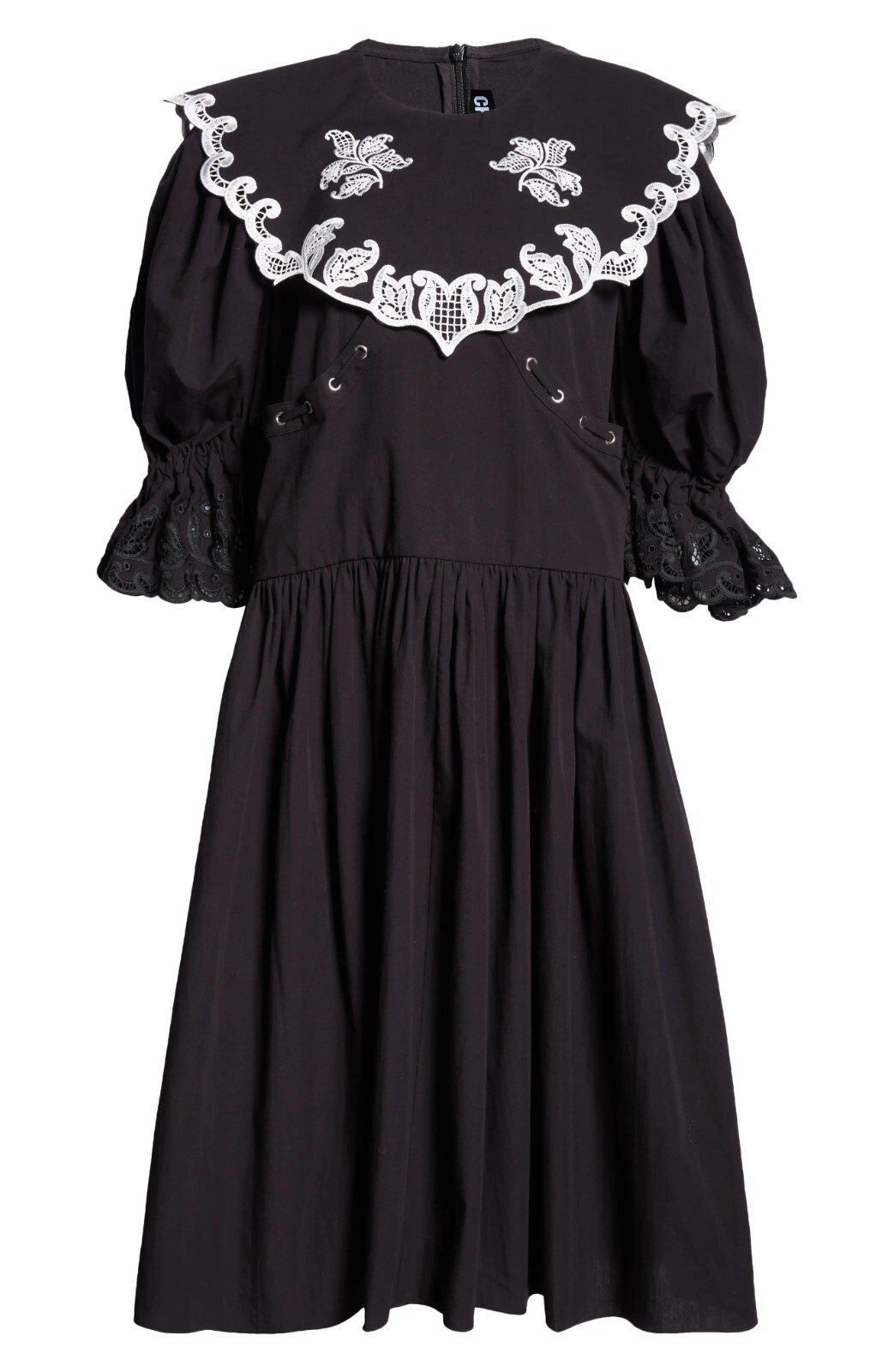 Chopova Lowena Fer Women\'s Embroidered Cotton Lace Up Midi Dress Black Size L