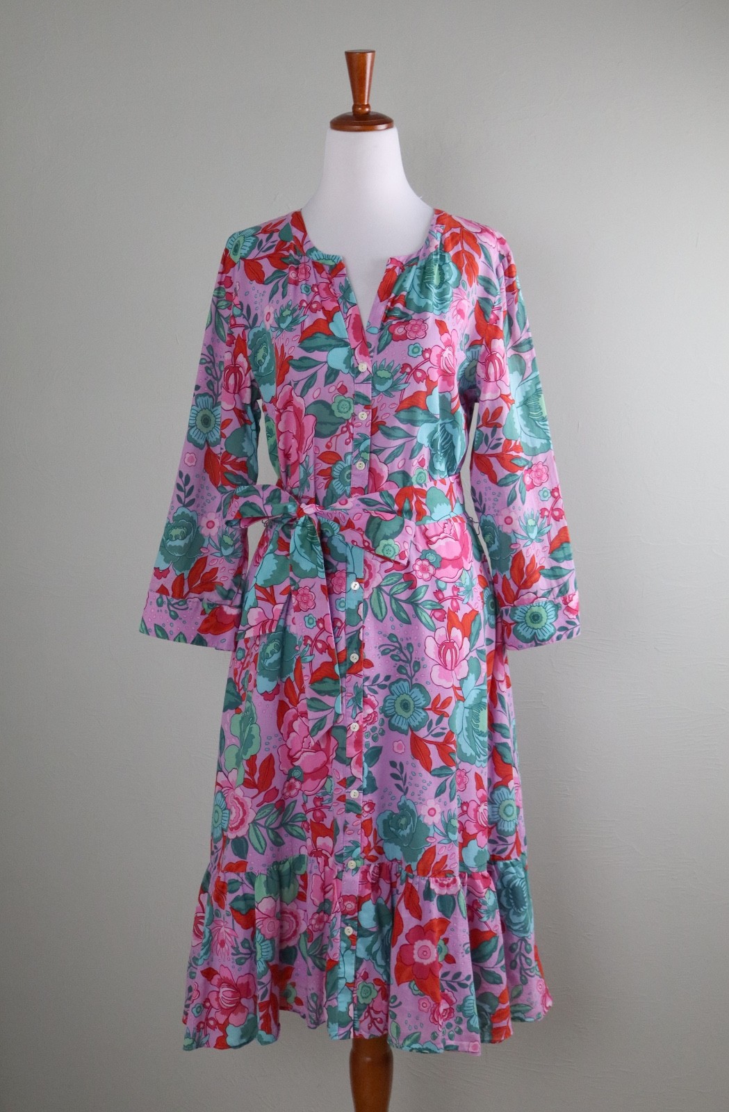 TALBOTS $158 Gorgeous Floral Ruffle Belted Tie Waist Cotton Dress Size 8