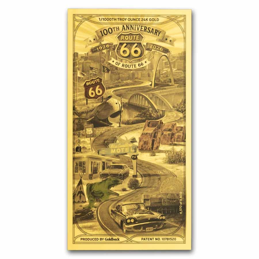 1/1000 oz Goldback 100th Anniversary Route 66 Gold Note 1/1000 oz Goldback 100th Anniversary Route 66 Gold Note