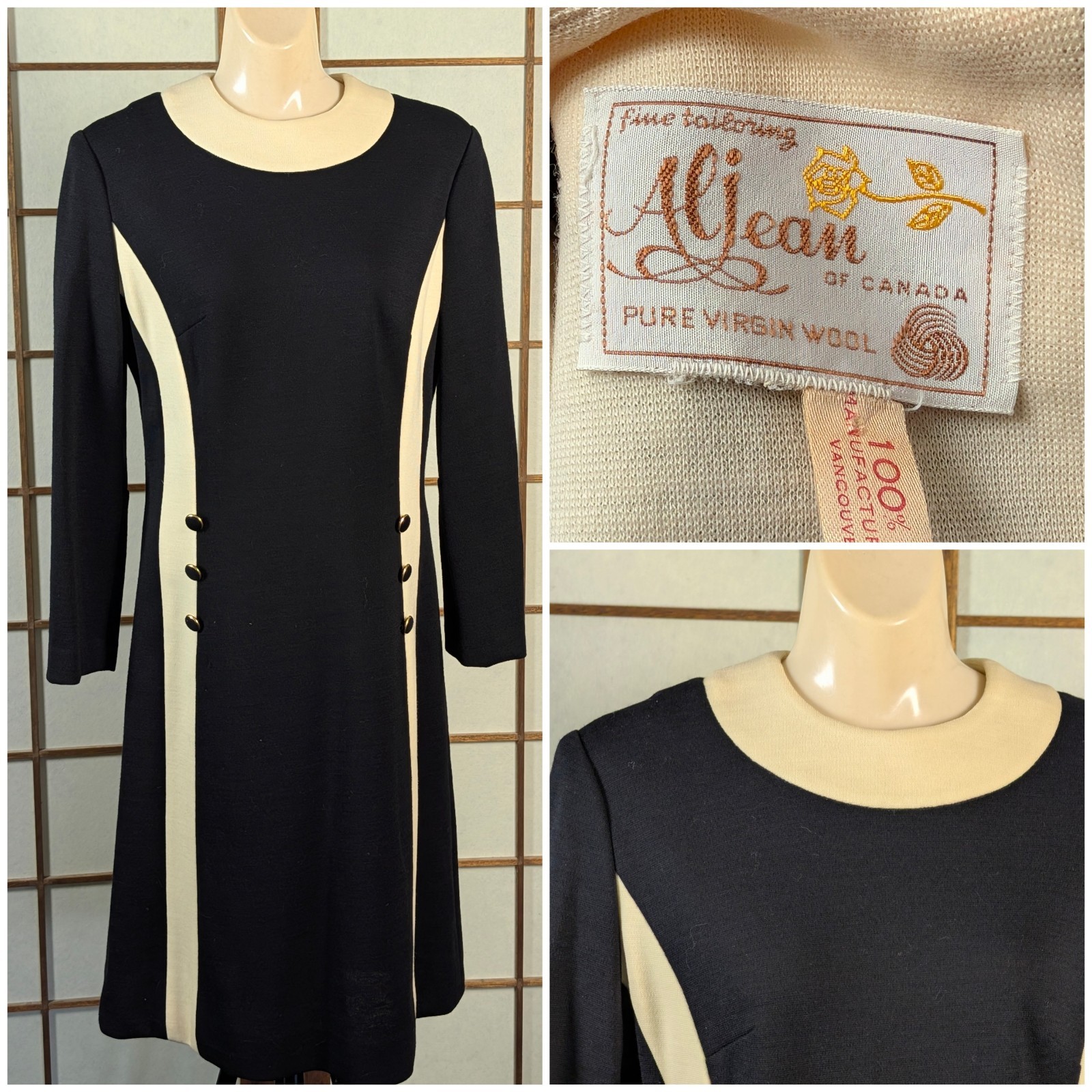 Vtg 60s Aljean of Canada Wool Mod Colorblock Shift Dress Black Cream Buttons Med