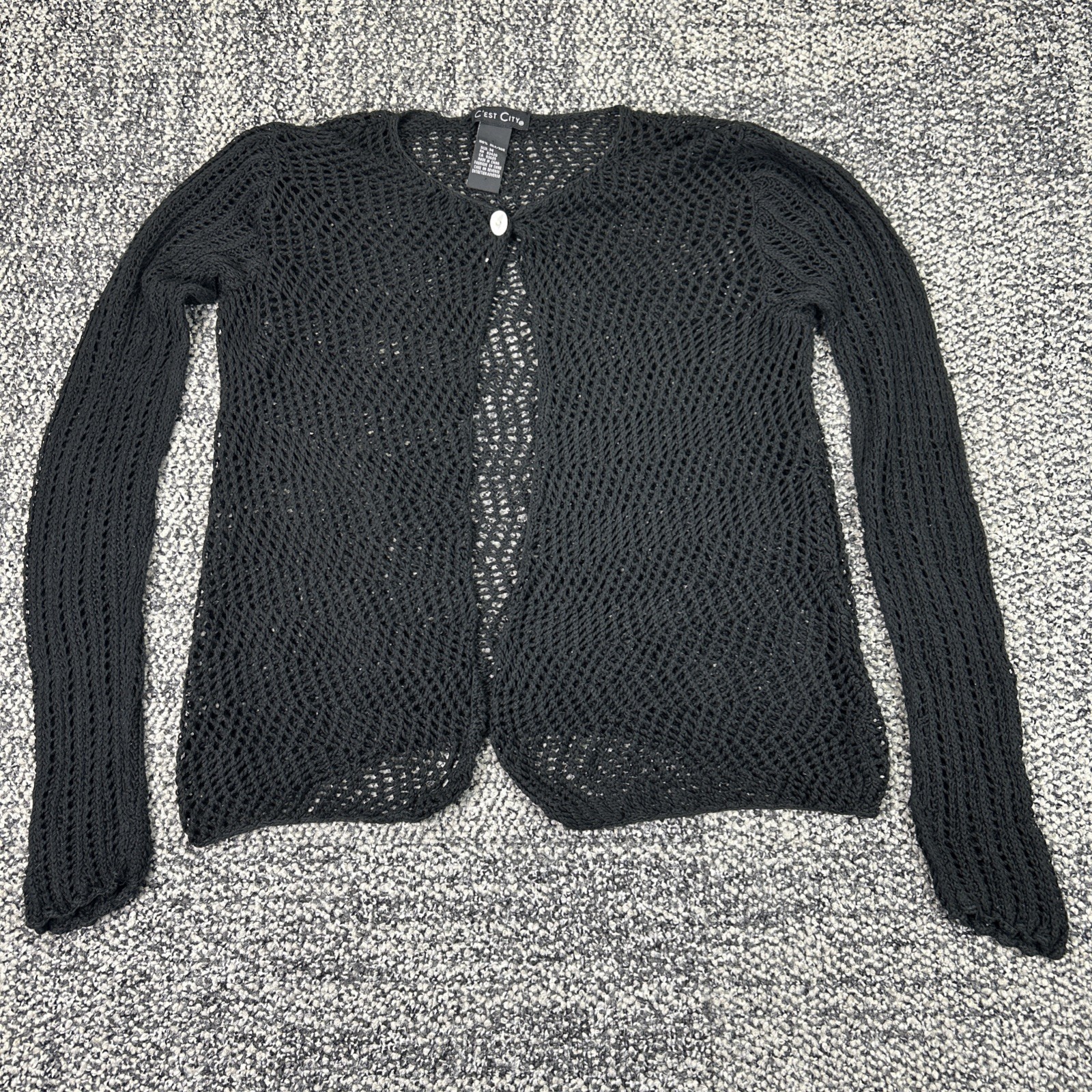 C’est City Women’s M Black Open Knit Cardigan 100% Silk Long Sleeve Lightweight