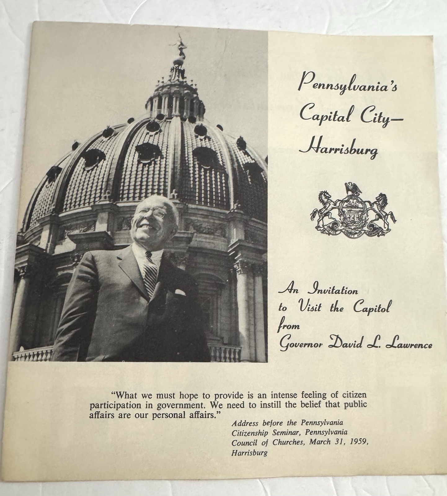 Vtg 1959 Pennsylvania, Capital City Of Harrisburg Invitation To Visit