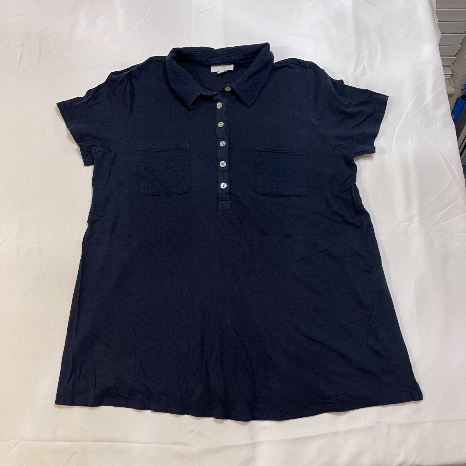 J.Jill Women\'s Medium Navy Collared Short Sleeve Tunic Top Cotton Double Pocket