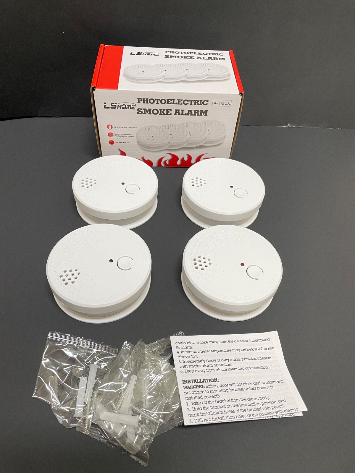 4 Pack - Smoke Alarm Photoelectric Sensor 9V Batteries Included Smoke Detectors 4 Pack - Smoke Alarm Photoelectric Sensor 9V Batteries Included Smoke Detectors