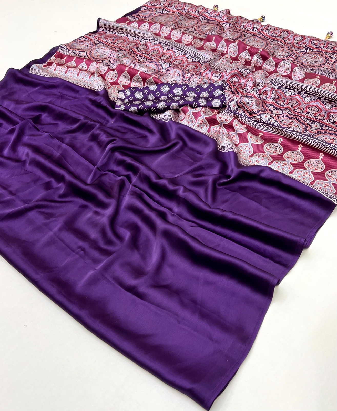 Ajrakh Print Semi Modal Saree Women Traditional Ethnic Sari With Blouse Piece