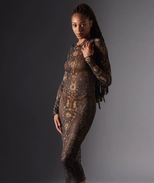 Thistle and Spire  sz XL ARCANA Tarot Black Mesh Sheer MIDI Long Sleeve Dress  