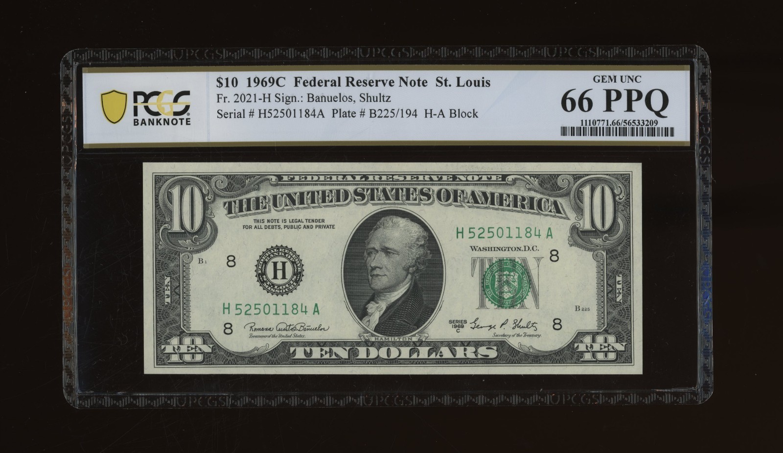 DBR 1969-C $10 FRN St. Louis Gem Fr. 2021-H PCGS-B 66 PPQ Serial H52501184A