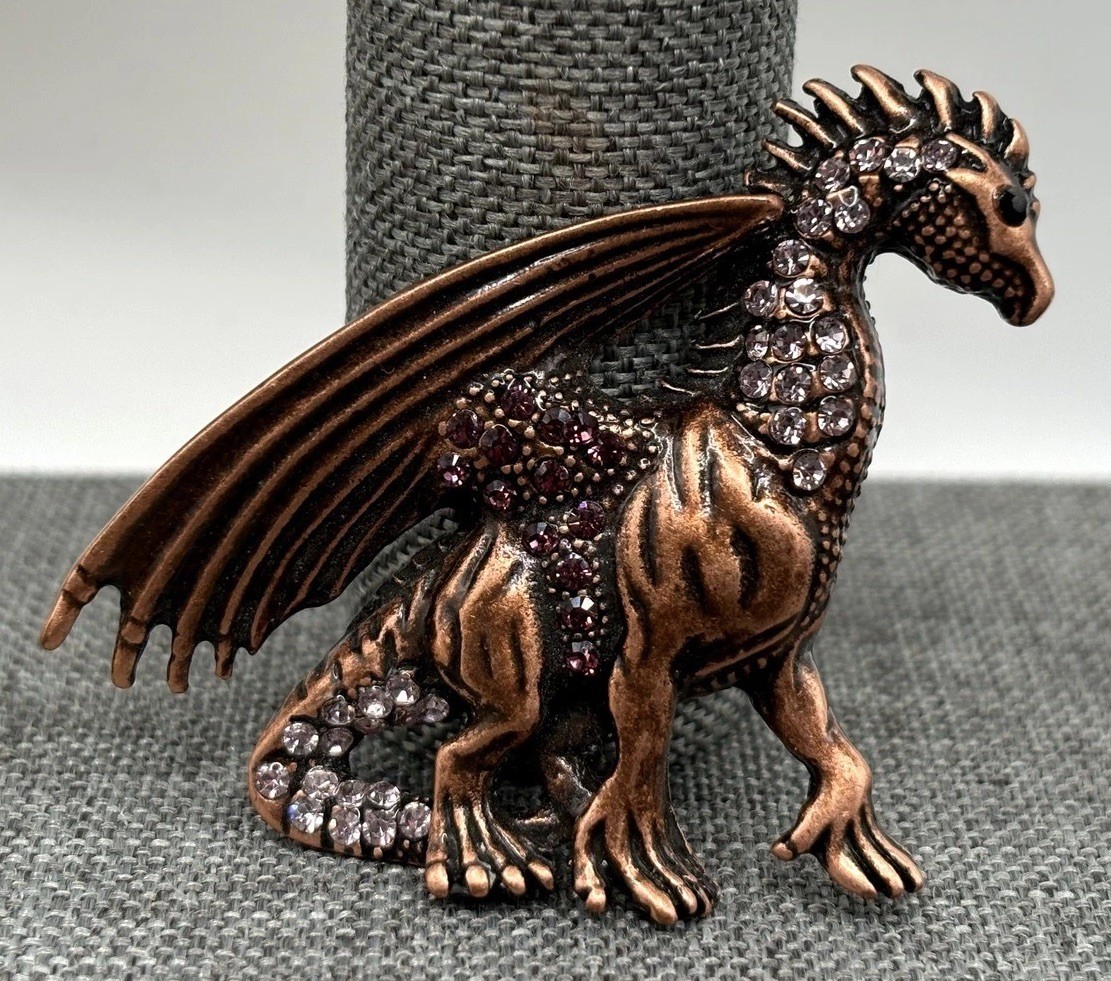 Mystical Crystal Dragon Brooch Pin Rhinestone Winged Fantasy Jewelry Copper Tone Mystical Crystal Dragon Brooch Pin Rhinestone Winged Fantasy Jewelry Copper Tone