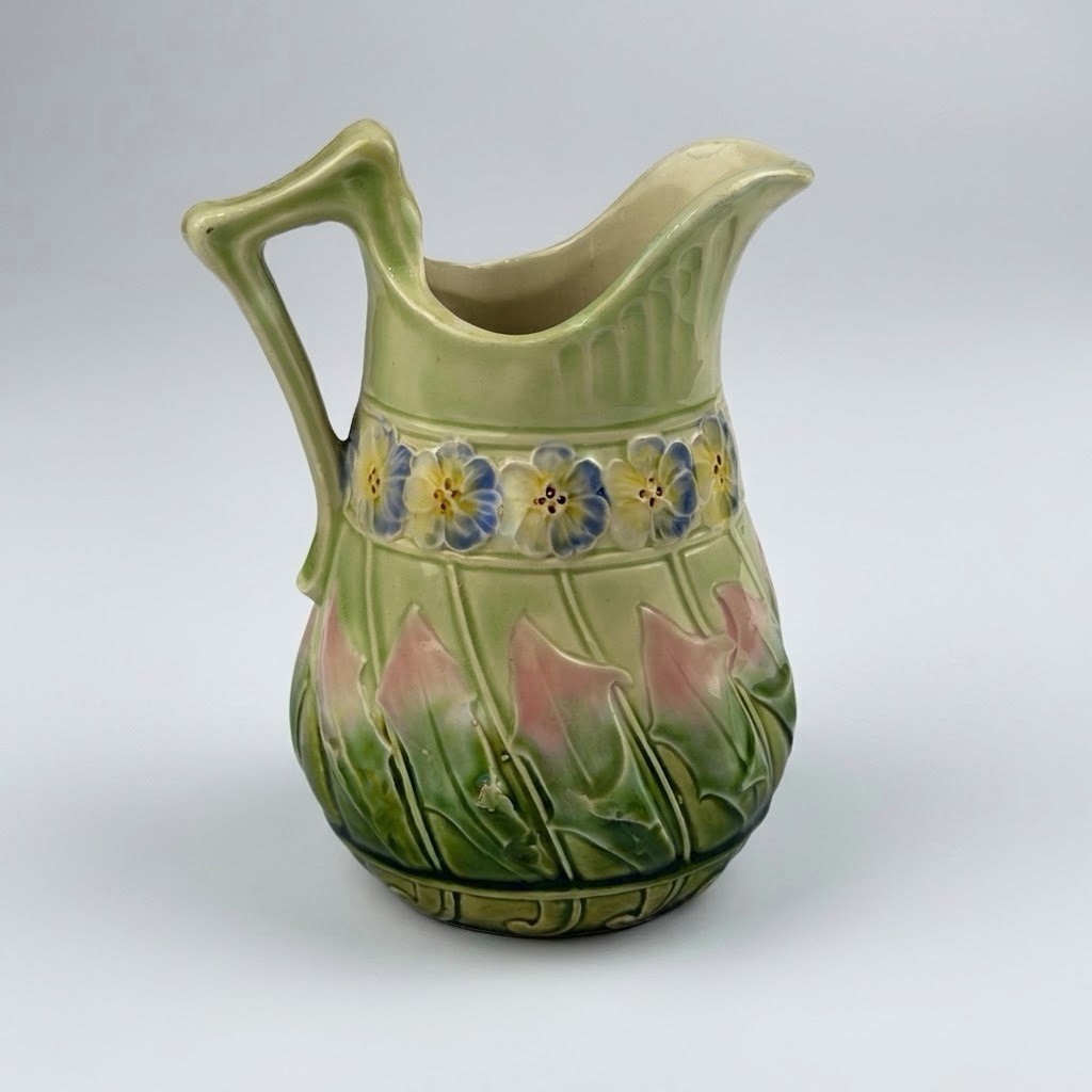Antique Vintage Majolica Floral Creamer Pitcher 4.5” Mold 2165 Green Pansy Tulip