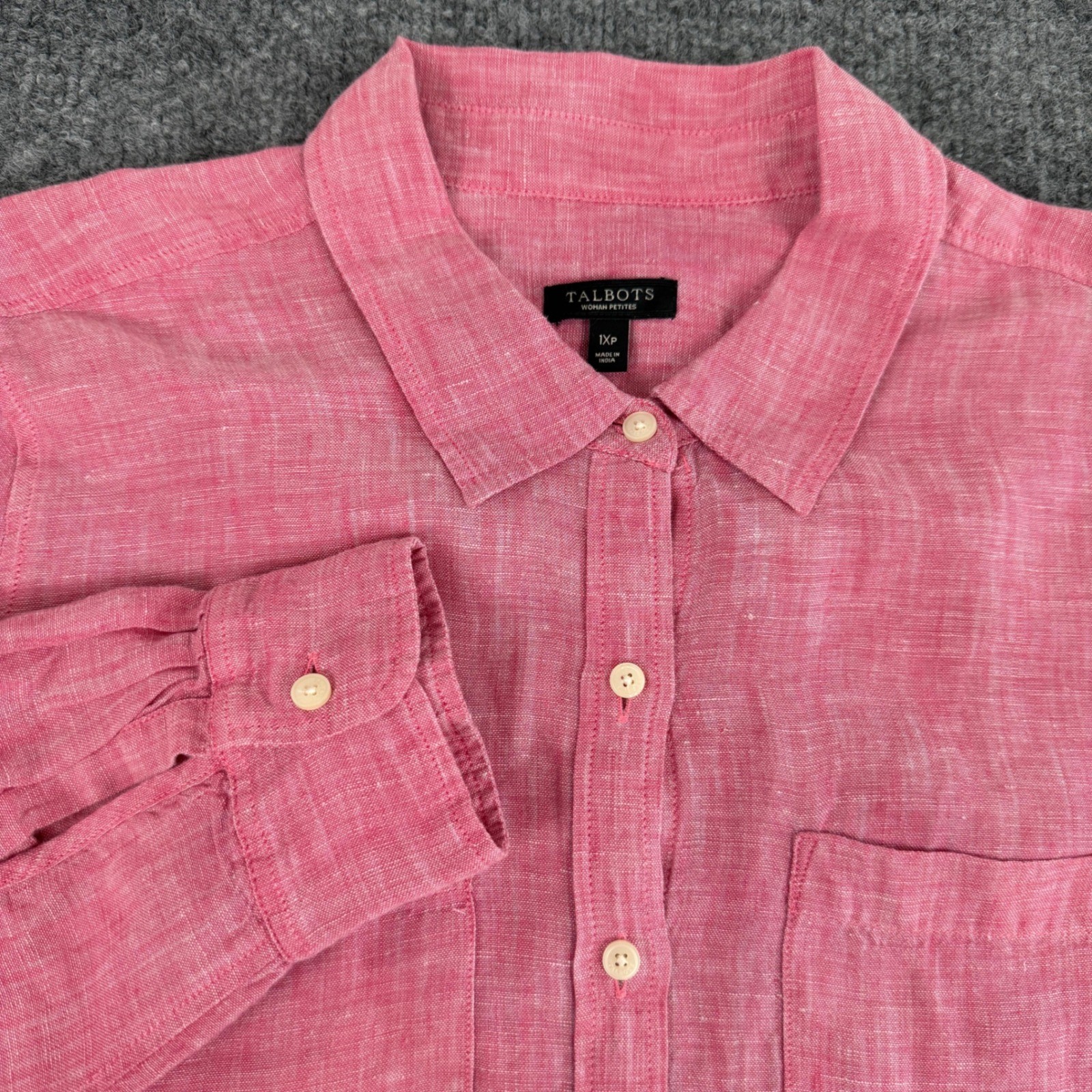 Talbots Woman Petites Shirt 1XP Linen Button Front Pink Long Sleeve EUC