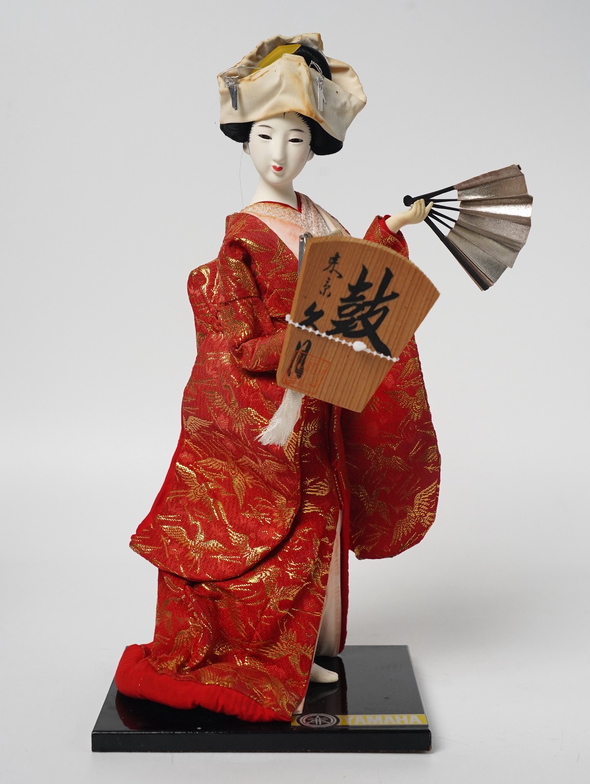 Vintage Kyugetsu Doll Japanese Geisha Dancer Red Gold Kimono Fan 12.5 Vintage Kyugetsu Doll Japanese Geisha Dancer Red Gold Kimono Fan 12.5