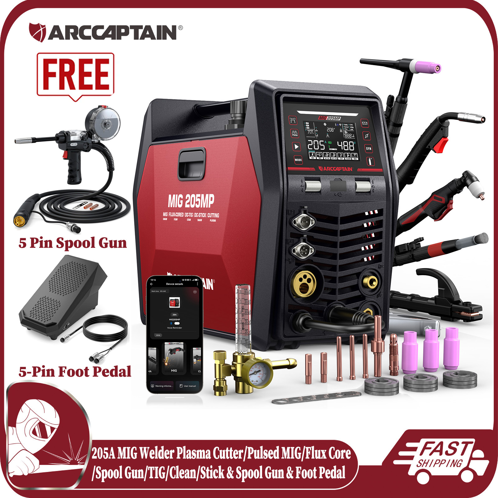 ARCCAPTAIN MIG205MP Pulse MIG Welder with Plasma Cutter Aluminum 9 IN 1 120/240V ARCCAPTAIN MIG205MP Pulse MIG Welder with Plasma Cutter Aluminum 9 IN 1 120/240V