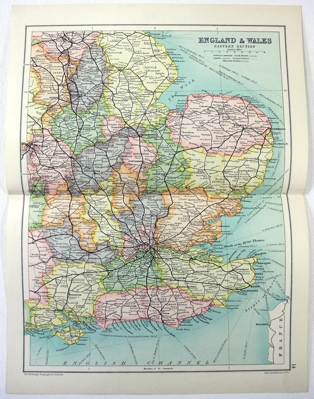 Eastern England & Wales - Original 1909 Map by John Bartholomew. Antique Eastern England & Wales - Original 1909 Map by John Bartholomew. Antique