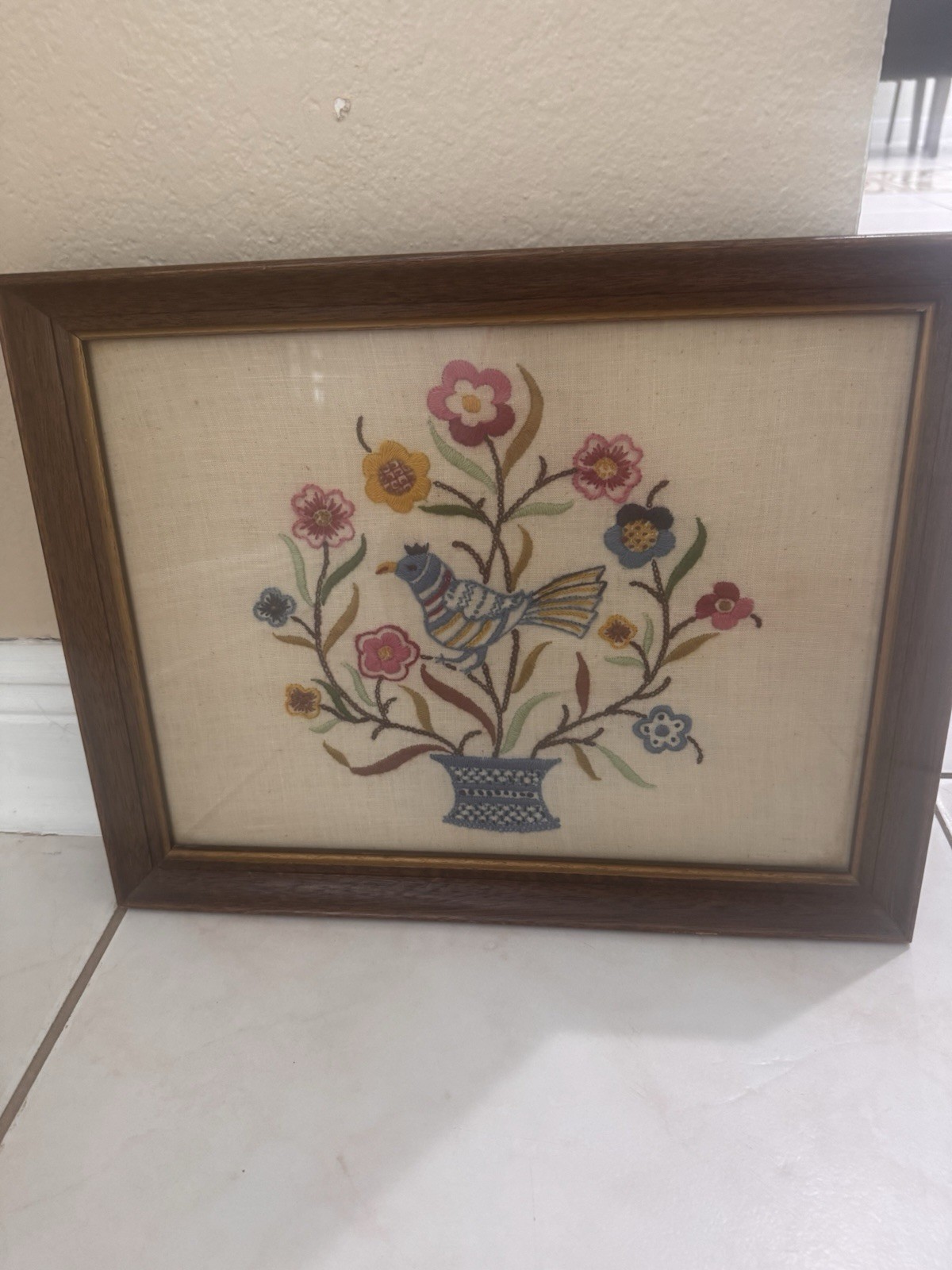 Vintage 1950s Crewel Embroidery Framed Bird Floral Folk Art Wall Decor 18x14 Vintage 1950s Crewel Embroidery Framed Bird Floral Folk Art Wall Decor 18x14