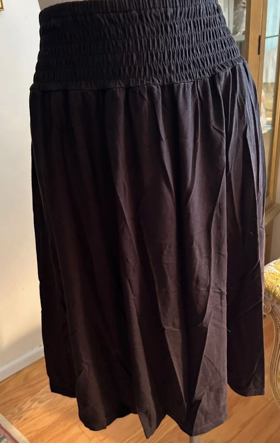 AK Anne Klein Womens Black Smocked-Waist Midi Skirt Flowy Pull-On Size L AK Anne Klein Womens Black Smocked-Waist Midi Skirt Flowy Pull-On Size L