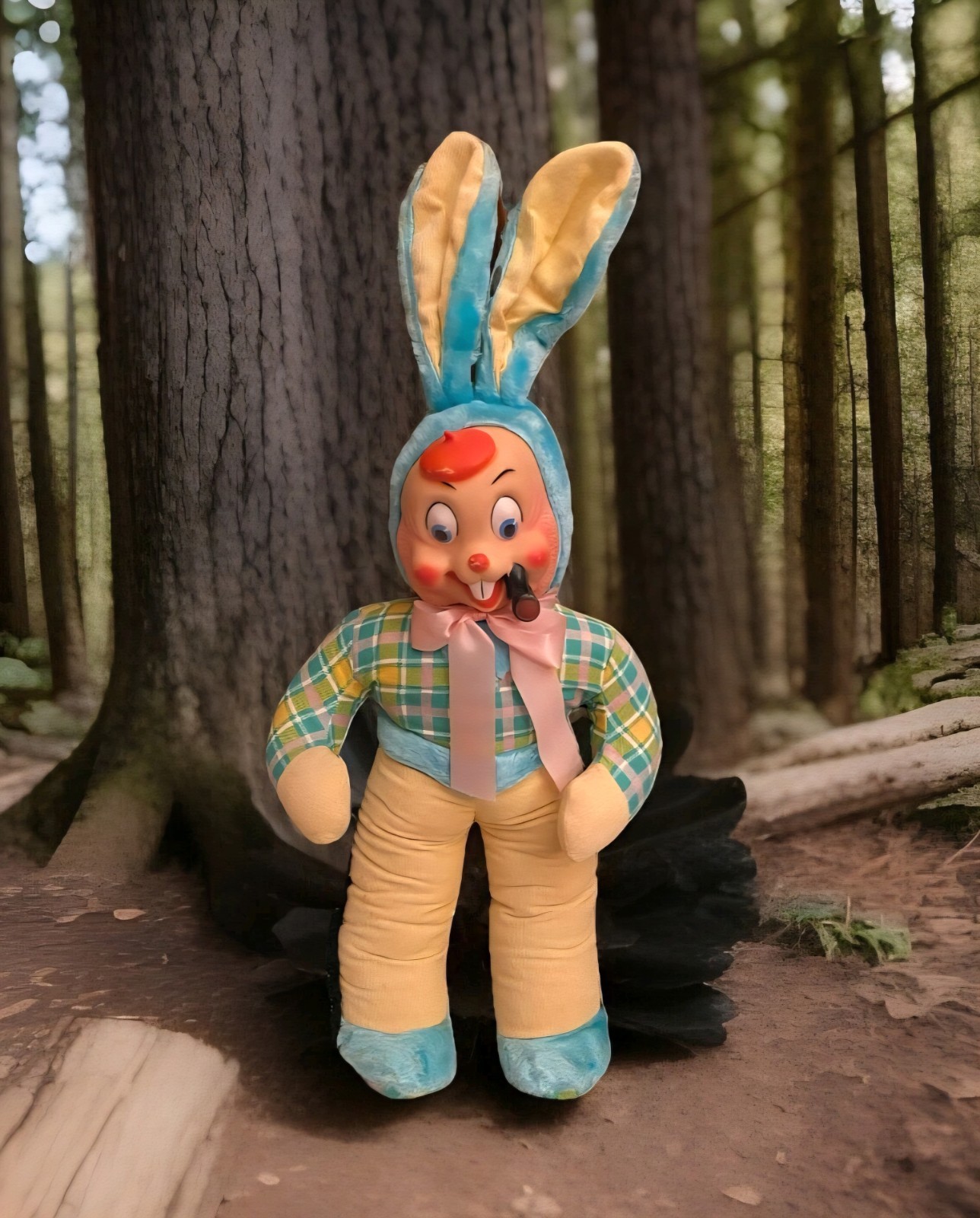 VINTAGE 50s Rushton Rubber Face Plush Toy Doll Easter Bunny Rabbit W/ Pipe 28 VINTAGE 50s Rushton Rubber Face Plush Toy Doll Easter Bunny Rabbit W/ Pipe 28